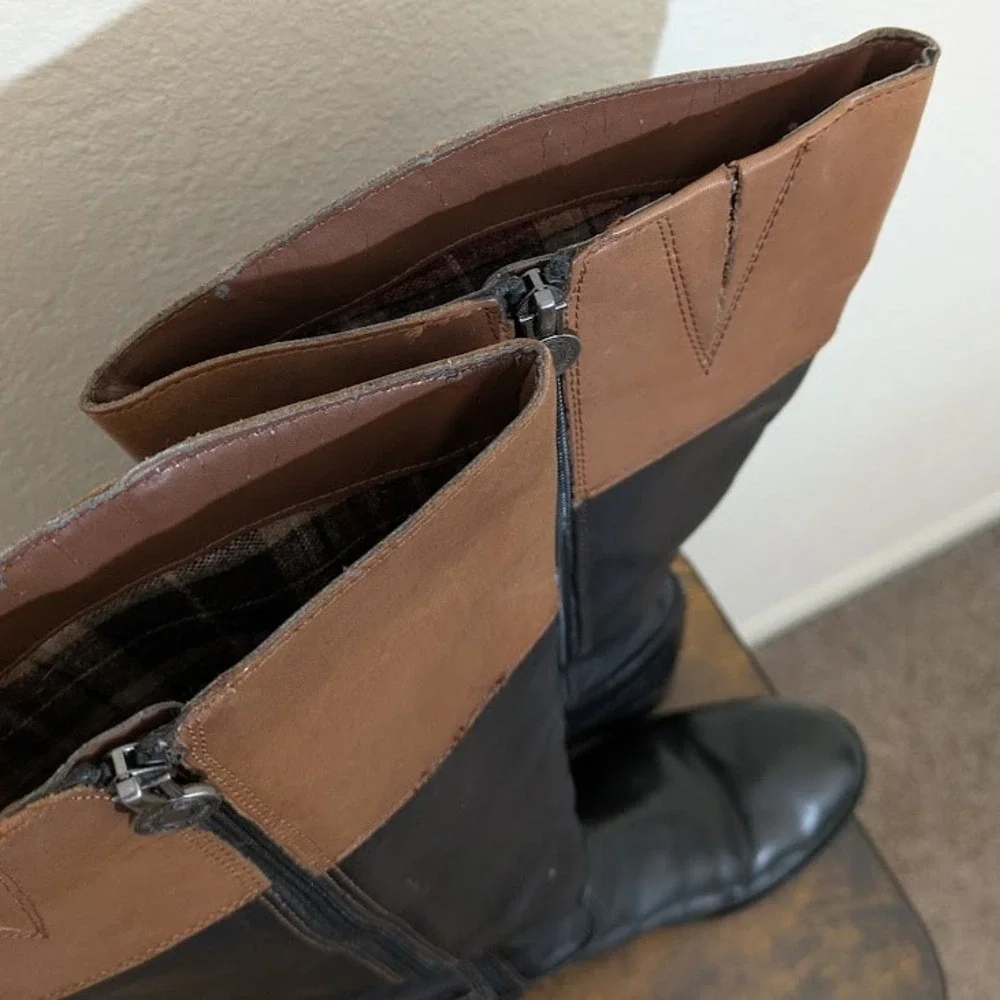 Franco Sarto Tall Riding Boots Black Brown Leather Crest Detail Women‎ US 8